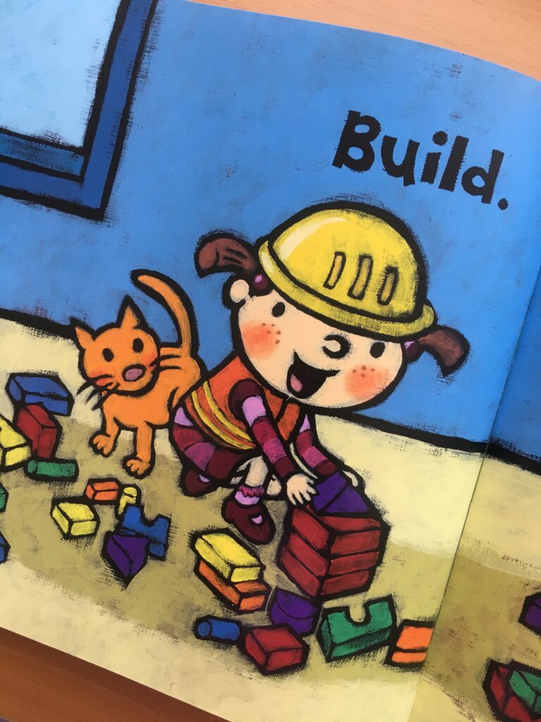 Illustration of child building with blocks from BIGGER BIGGER!