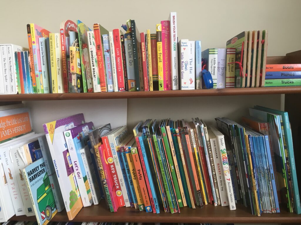 Book shelf displaying many books for children of all ages