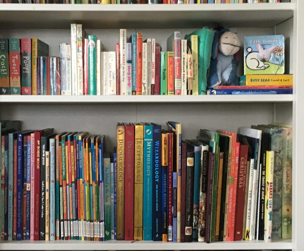 Shelf of children's books in a home library