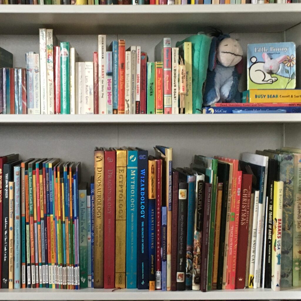 Shelf of children's books in a home library